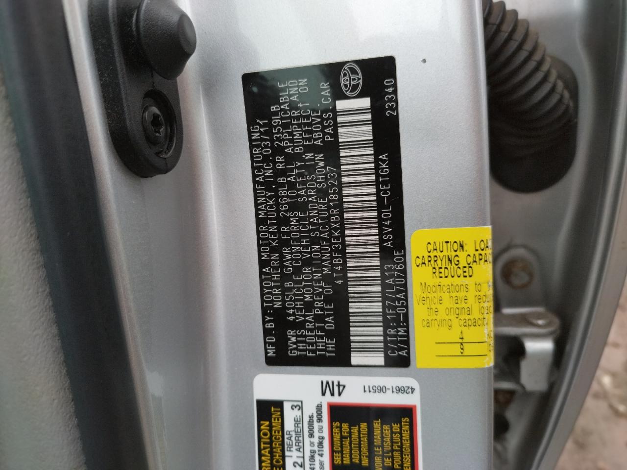 Photo 10 from auction – 2011 TOYOTA CAMRY BASE with VIN 4T4BF3EKXBR185237