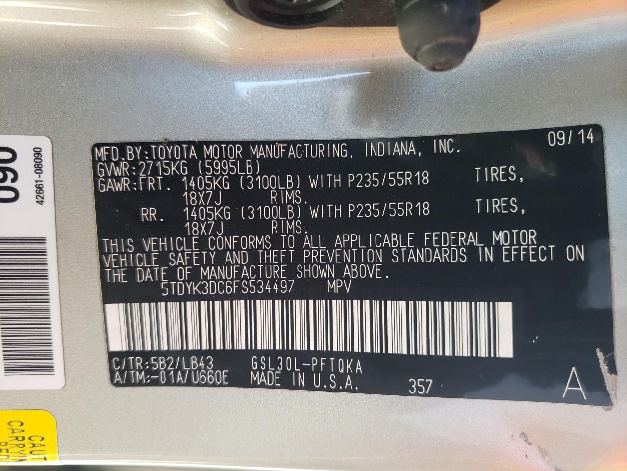 Photo 10 from auction – 2015 TOYOTA SIENNA XLE with VIN 5TDYK3DC6FS534497
