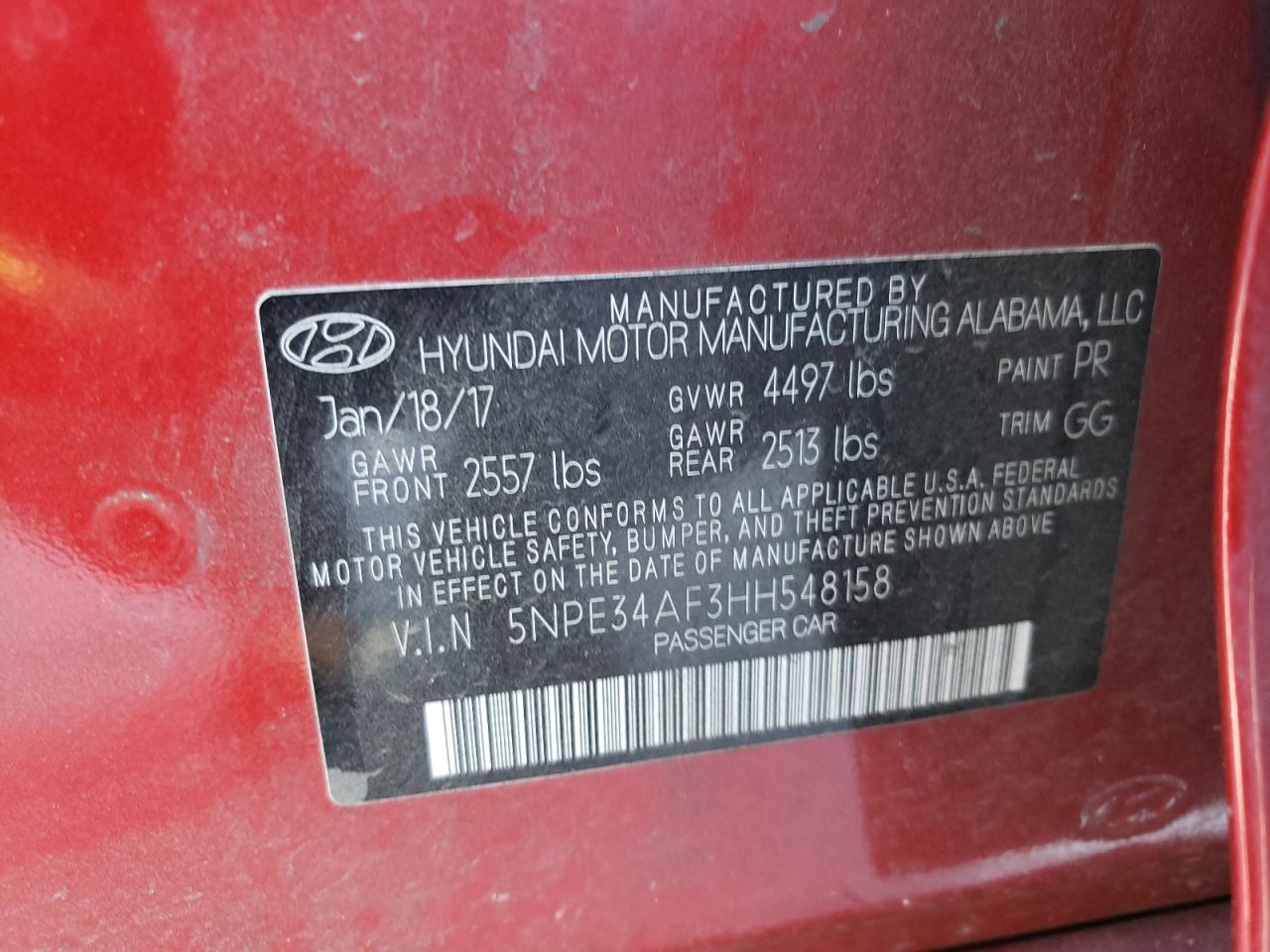 Photo 10 from auction – 2017 HYUNDAI SONATA SPO with VIN 5NPE34AF3HH548158