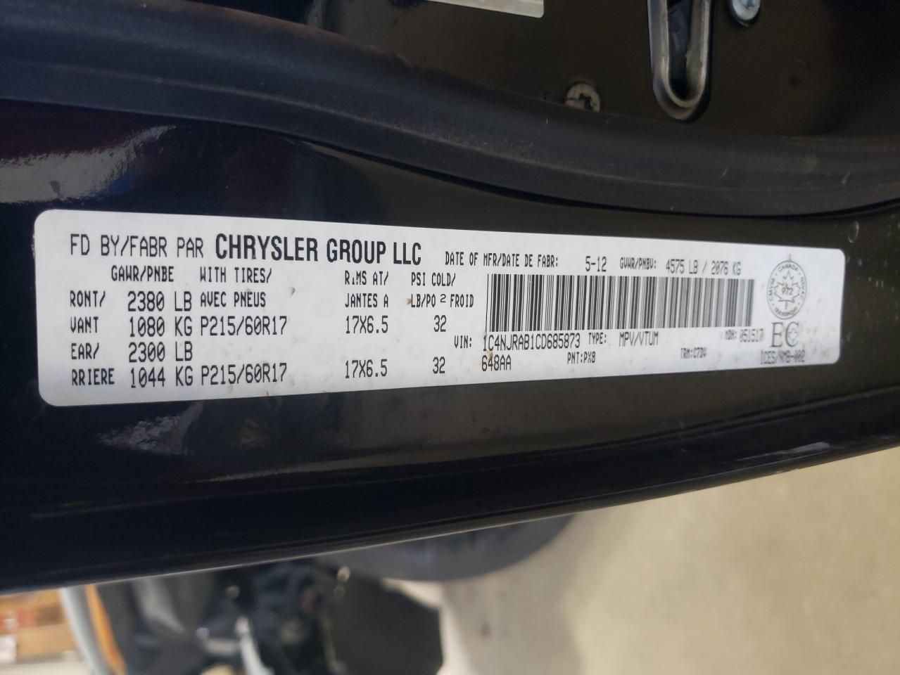 Photo 10 from auction – 2012 JEEP PATRIOT with VIN 1C4NJRAB1CD685873