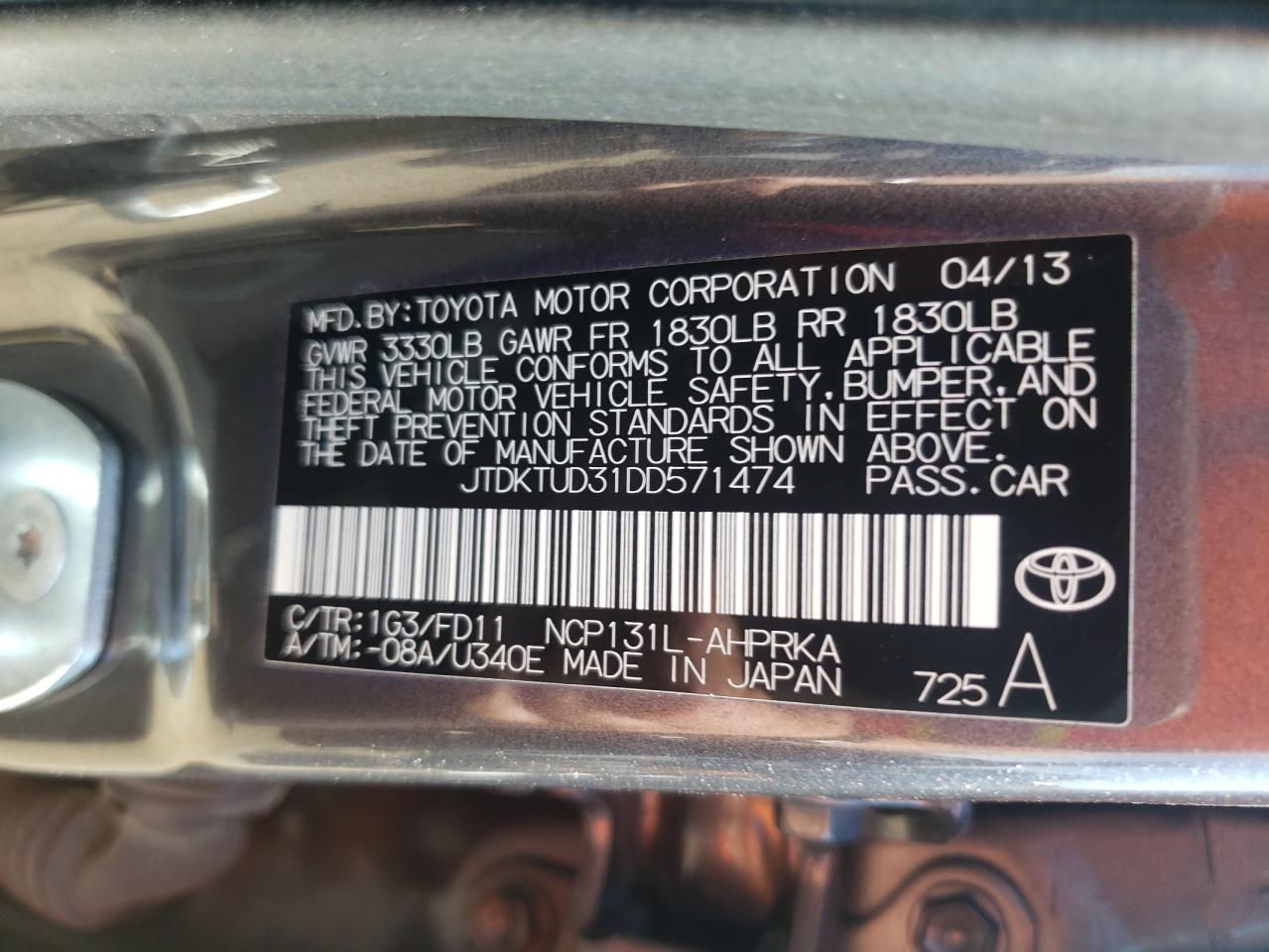 Photo 10 from auction – 2013 TOYOTA YARIS with VIN JTDKTUD31DD571474