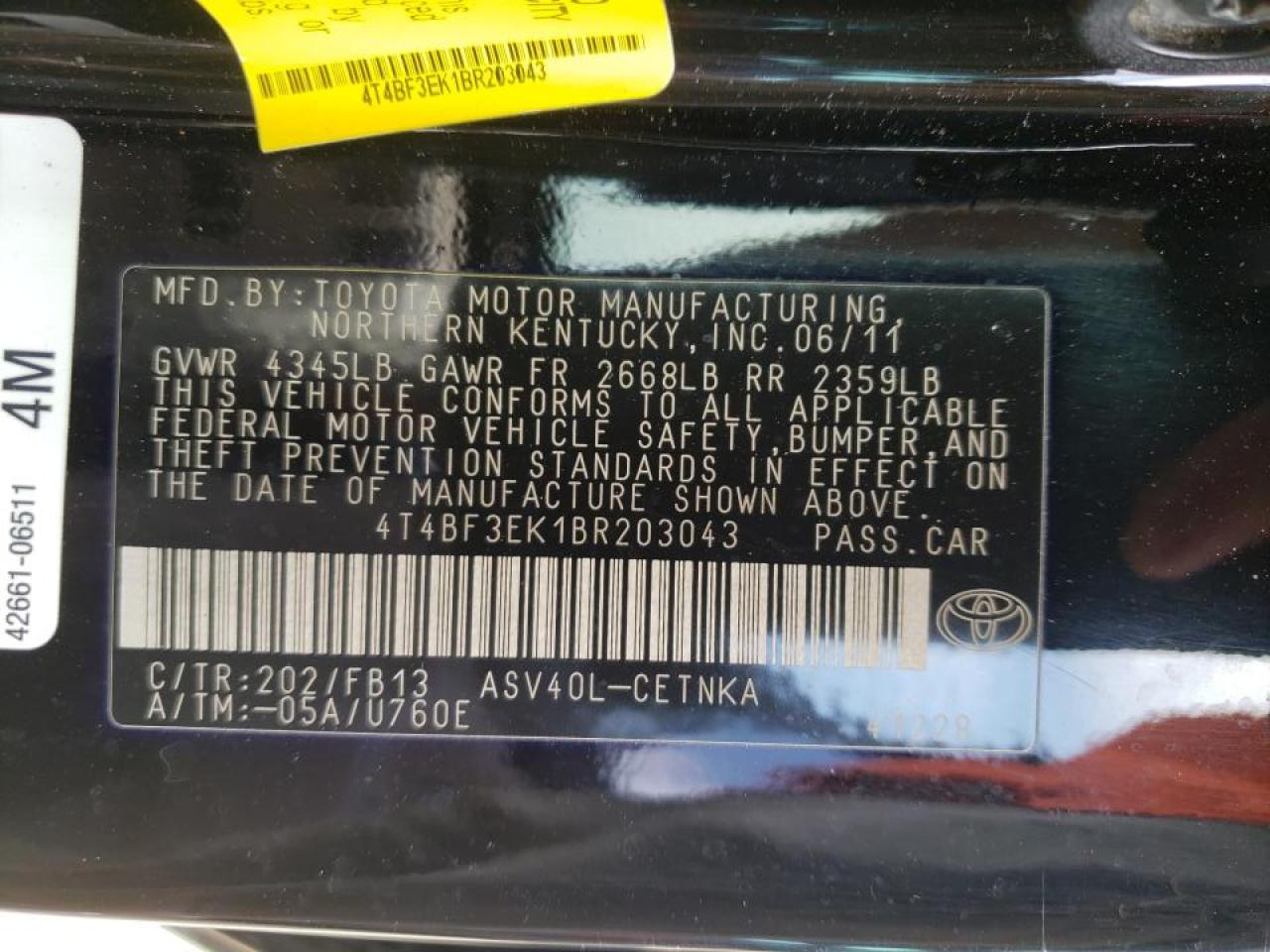 Photo 10 from auction – 2011 TOYOTA CAMRY BASE with VIN 4T4BF3EK1BR203043
