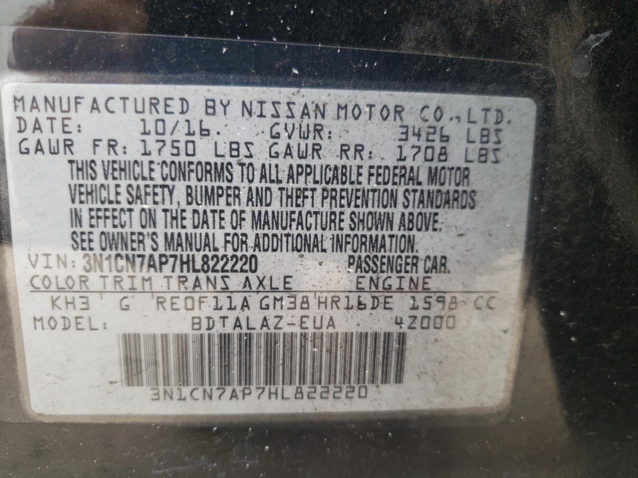 Photo 10 from auction – 2017 NISSAN VERSA S with VIN 3N1CN7AP7HL822220