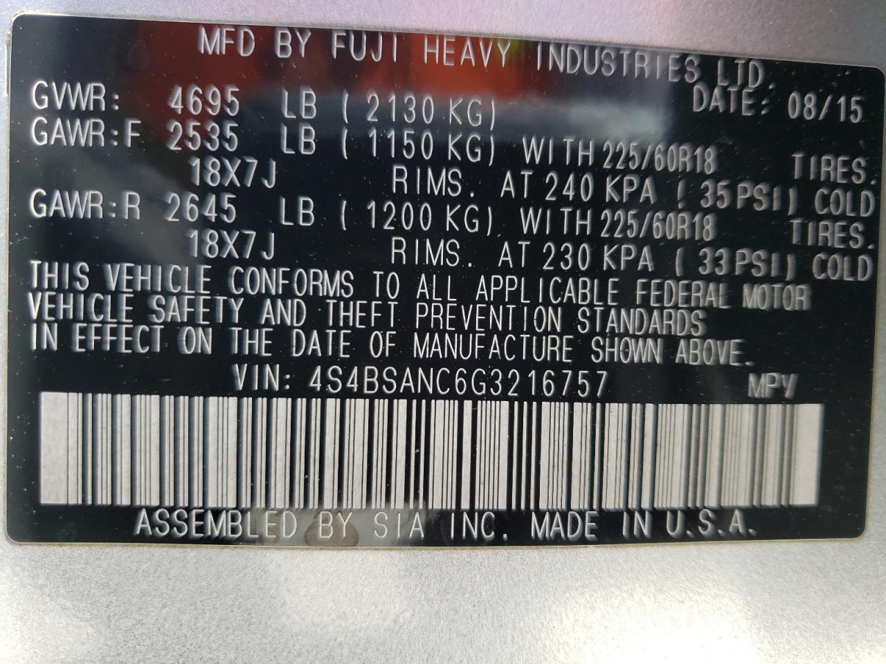 Photo 10 from auction – 2016 SUBARU OUTBACK 2. with VIN 4S4BSANC6G3216757