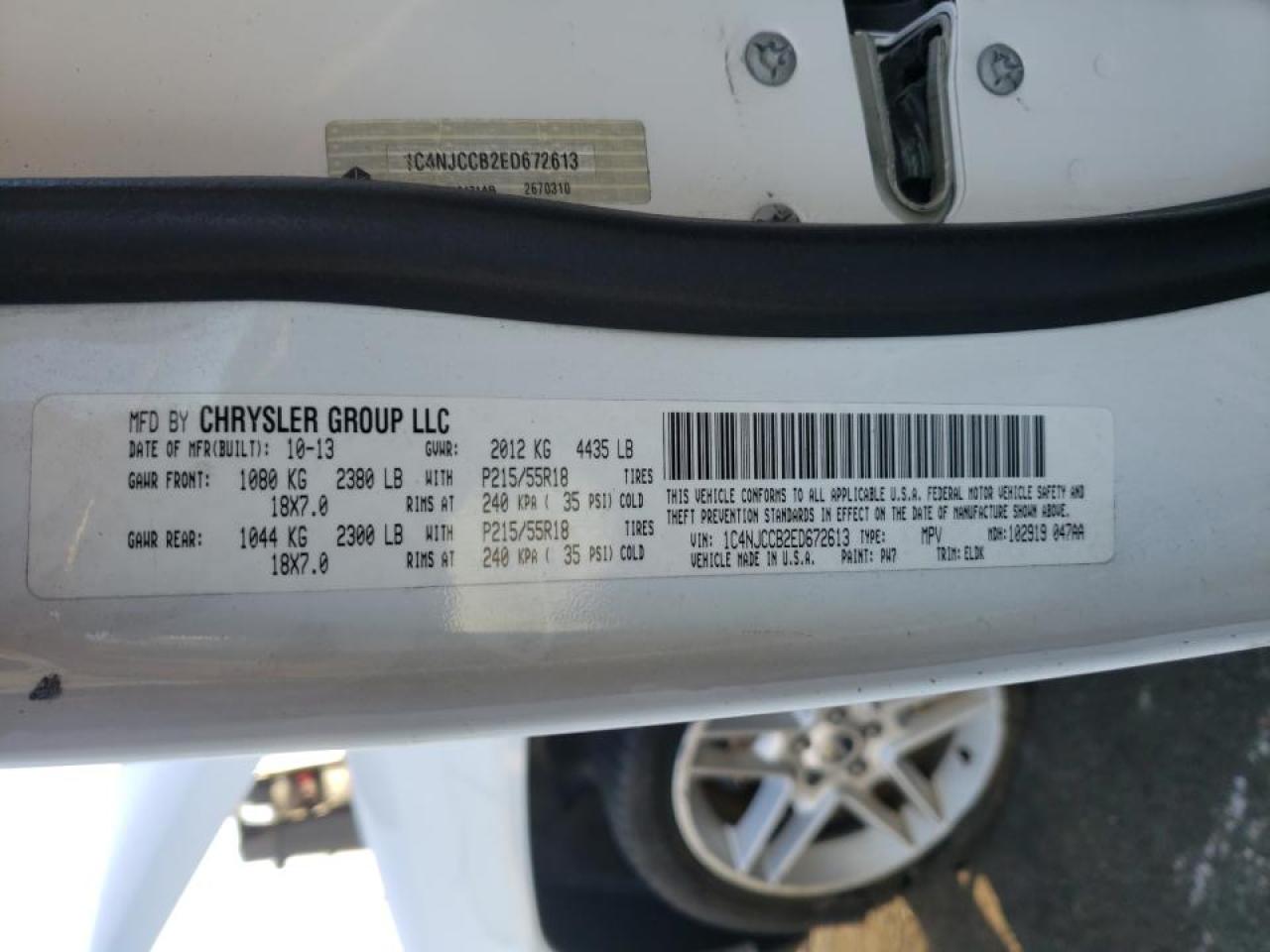 Photo 10 from auction – 2014 JEEP COMPASS LI with VIN 1C4NJCCB2ED672613