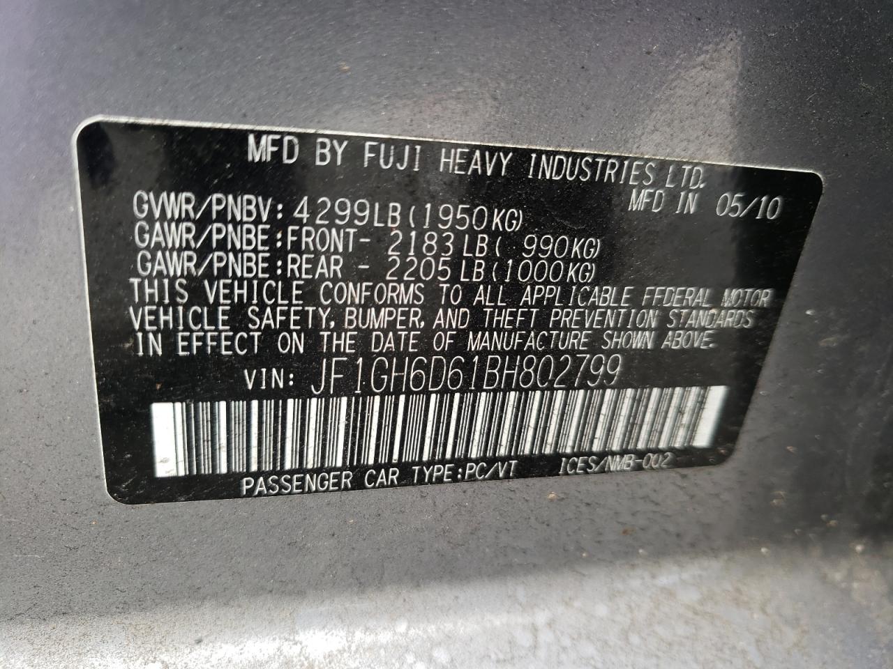 Photo 10 from auction – 2011 SUBARU IMPREZA OU with VIN JF1GH6D61BH802799