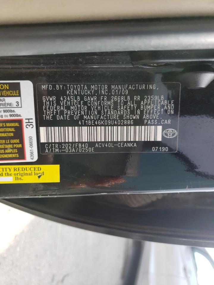 Photo 10 from auction – 2009 TOYOTA CAMRY BASE with VIN 4T1BE46K09U402886