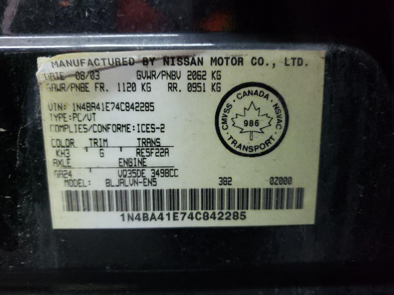 Photo 10 from auction – 2004 NISSAN MAXIMA SE with VIN 1N4BA41E74C842285