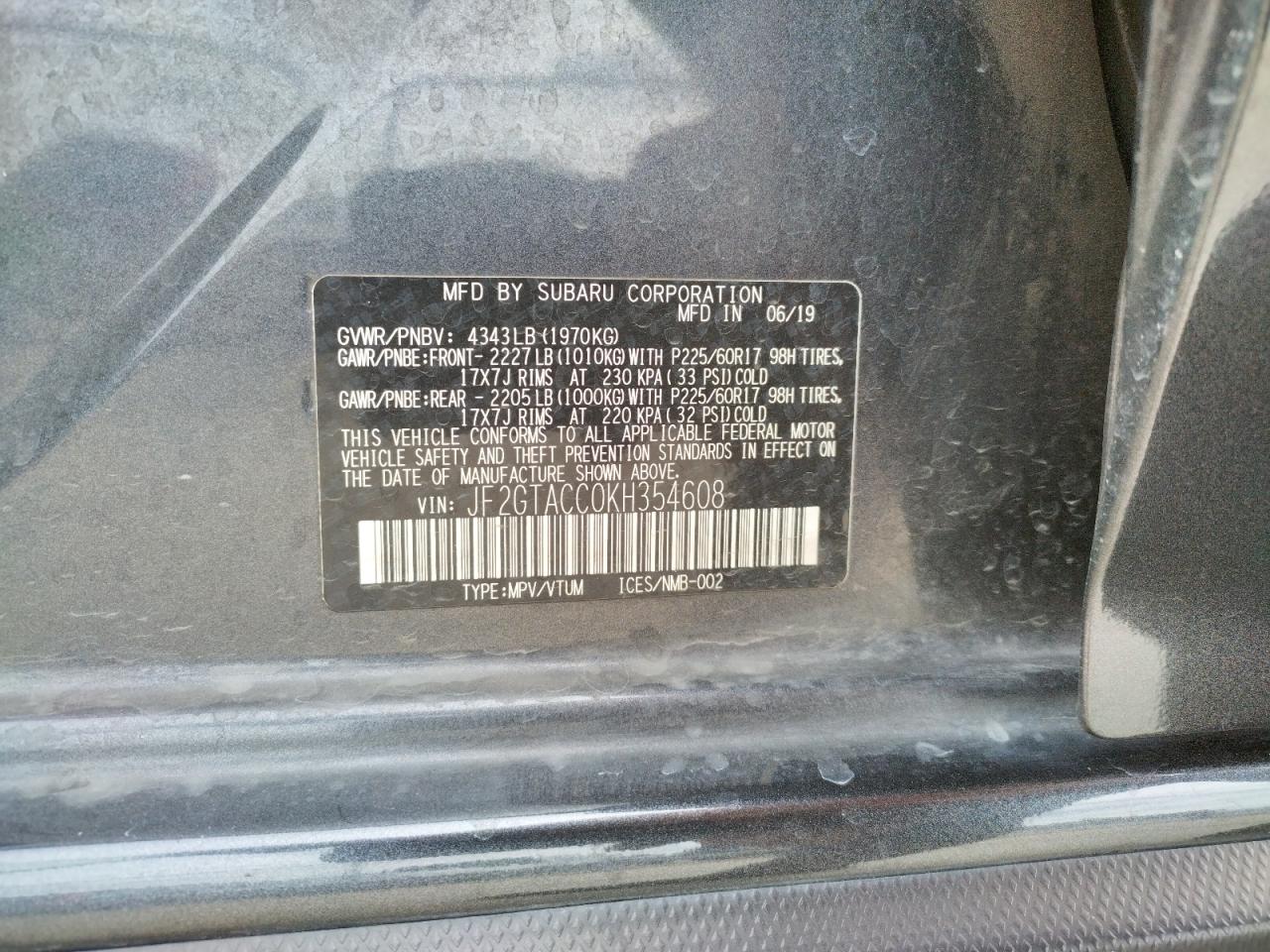 Photo 10 from auction – 2019 SUBARU CROSSTREK with VIN JF2GTACC0KH354608
