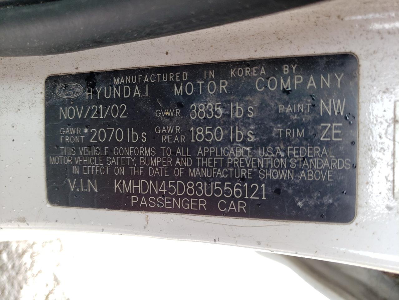 Photo 10 from auction – 2003 HYUNDAI ELANTRA with VIN KMHDN45D83U556121