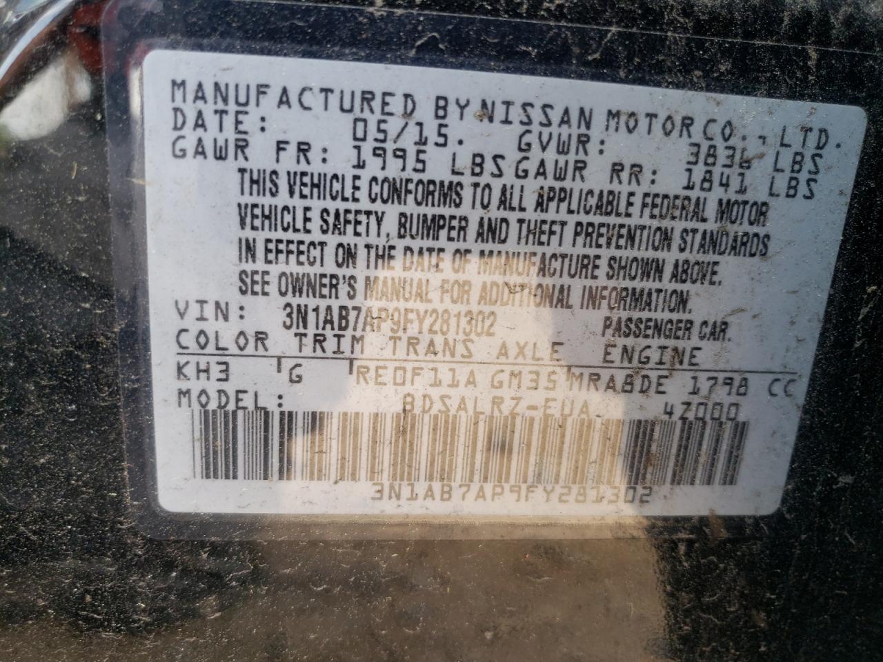 Photo 10 from auction – 2015 NISSAN SENTRA S with VIN 3N1AB7AP9FY281302