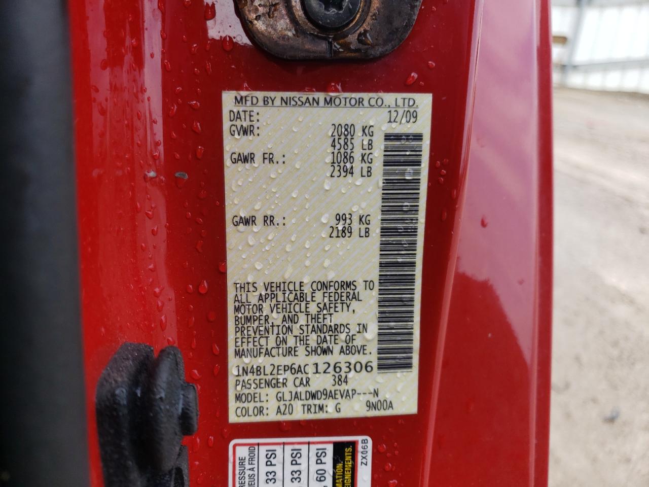 Photo 10 from auction – 2010 NISSAN ALTIMA SR with VIN 1N4BL2EP6AC126306