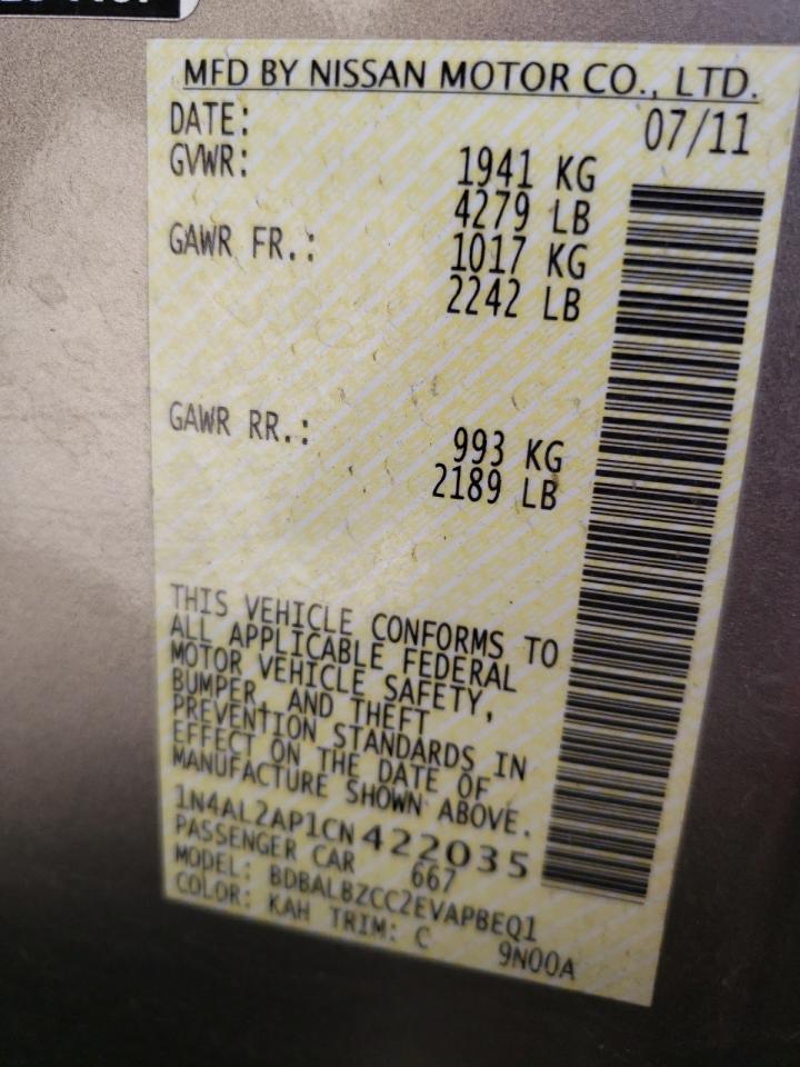 Photo 10 from auction – 2012 NISSAN ALTIMA BAS with VIN 1N4AL2AP1CN422035