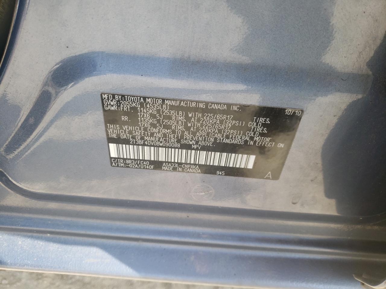 Photo 10 from auction – 2011 TOYOTA RAV4 with VIN 2T3BF4DV0BW090088