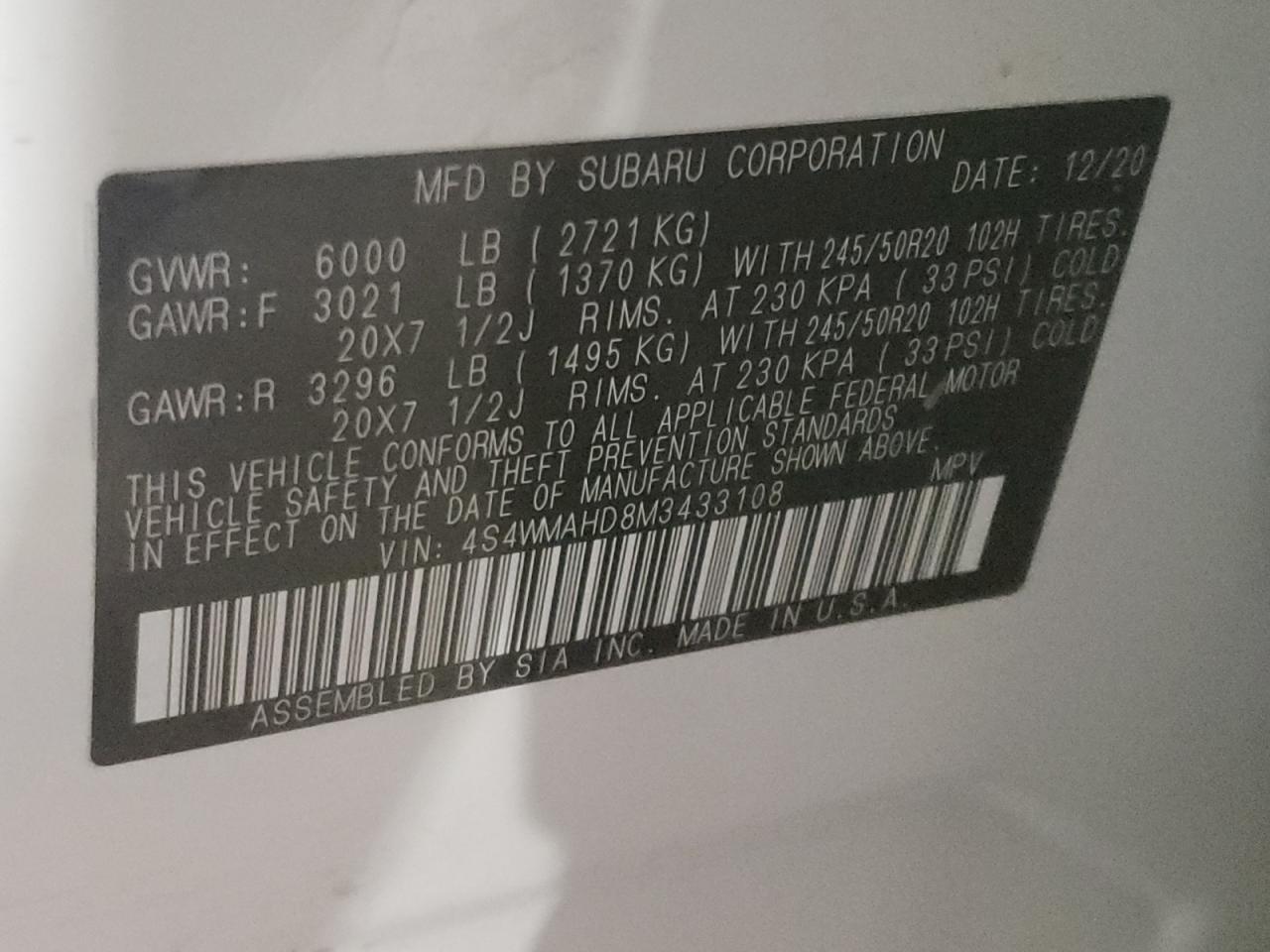 Photo 10 from auction – 2021 SUBARU ASCENT PRE with VIN 4S4WMAHD8M3433108
