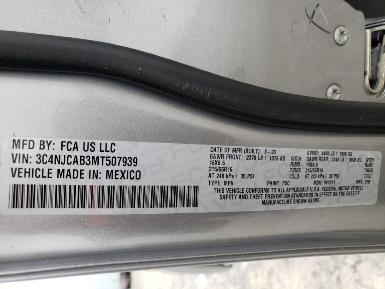 Photo 10 from auction – 2021 JEEP COMPASS SP with VIN 3C4NJCAB3MT507939