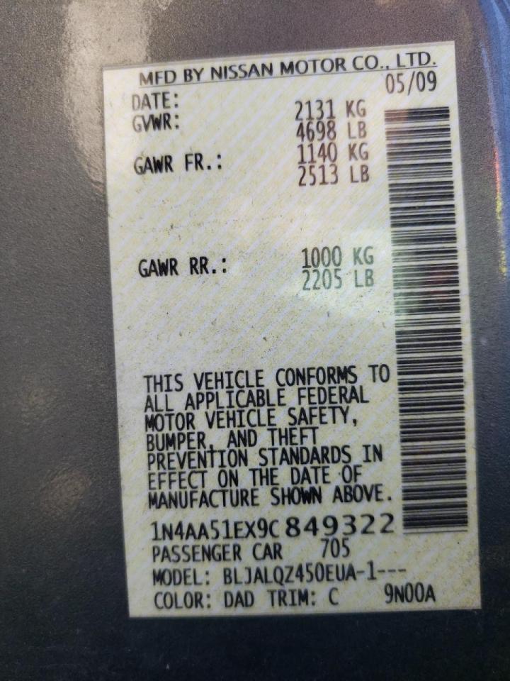 Photo 10 from auction – 2009 NISSAN MAXIMA S with VIN 1N4AA51EX9C849322