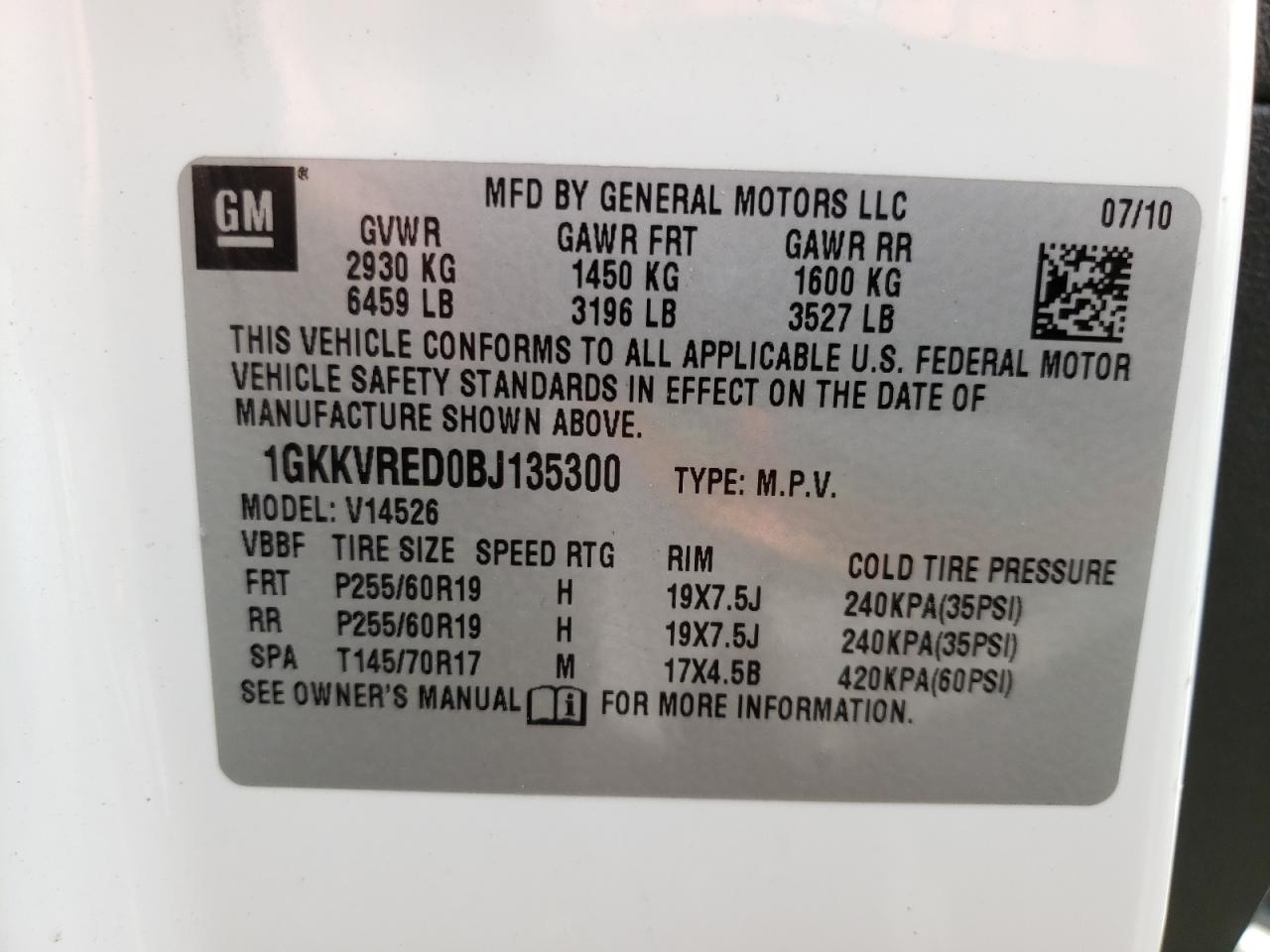 Photo 10 from auction – 2011 GMC ACADIA SLT with VIN 1GKKVRED0BJ135300