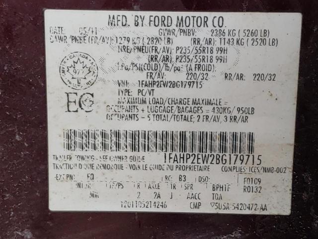 Photo 10 from auction – 2011 FORD TAURUS SEL with VIN 1FAHP2EW2BG179715
