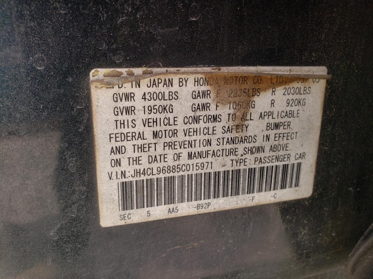 Photo 10 from auction – 2005 ACURA TSX with VIN JH4CL96885C015971