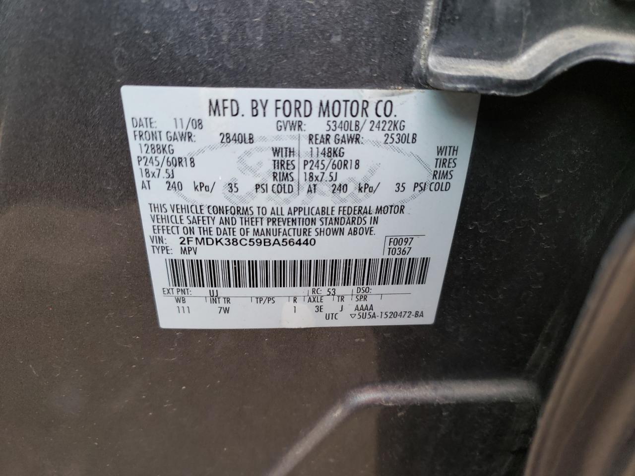 Photo 10 from auction – 2009 FORD EDGE SEL with VIN 2FMDK38C59BA56440