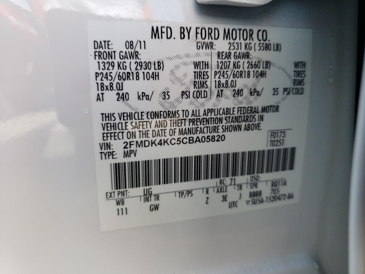 Photo 10 from auction – 2012 FORD EDGE LIMIT with VIN 2FMDK4KC5CBA05820