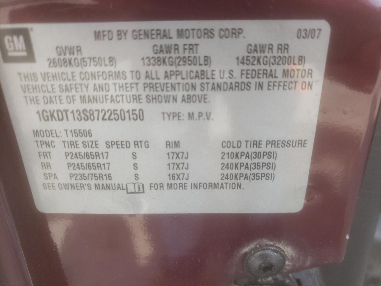 Photo 10 from auction – 2007 GMC ENVOY with VIN 1GKDT13S872250150