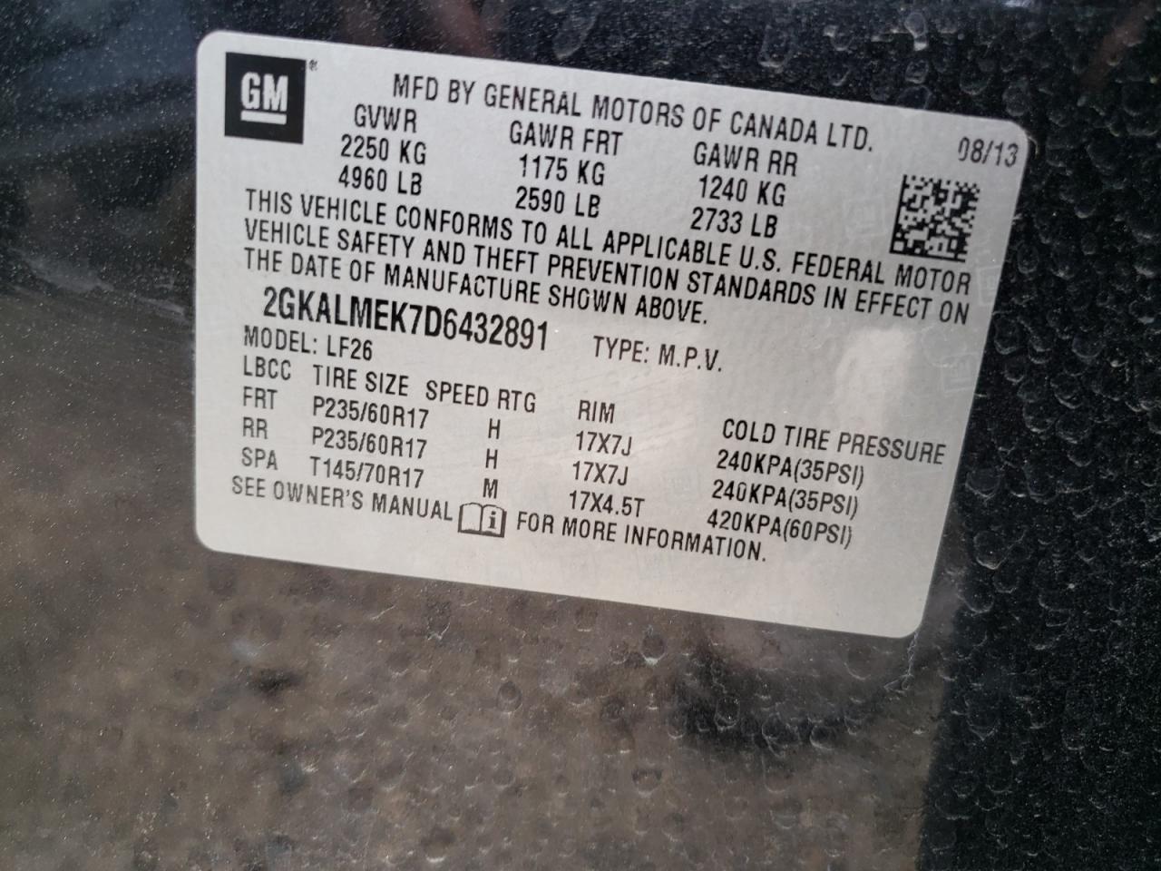 Photo 10 from auction – 2013 GMC TERRAIN SL with VIN 2GKALMEK7D6432891
