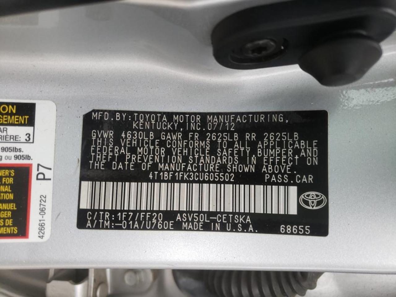 Photo 10 from auction – 2012 TOYOTA CAMRY BASE with VIN 4T1BF1FK3CU605502