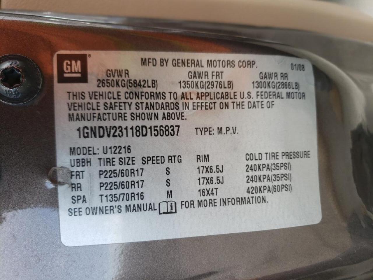 Photo 10 from auction – 2008 CHEVROLET UPLANDER L with VIN 1GNDV23118D156837