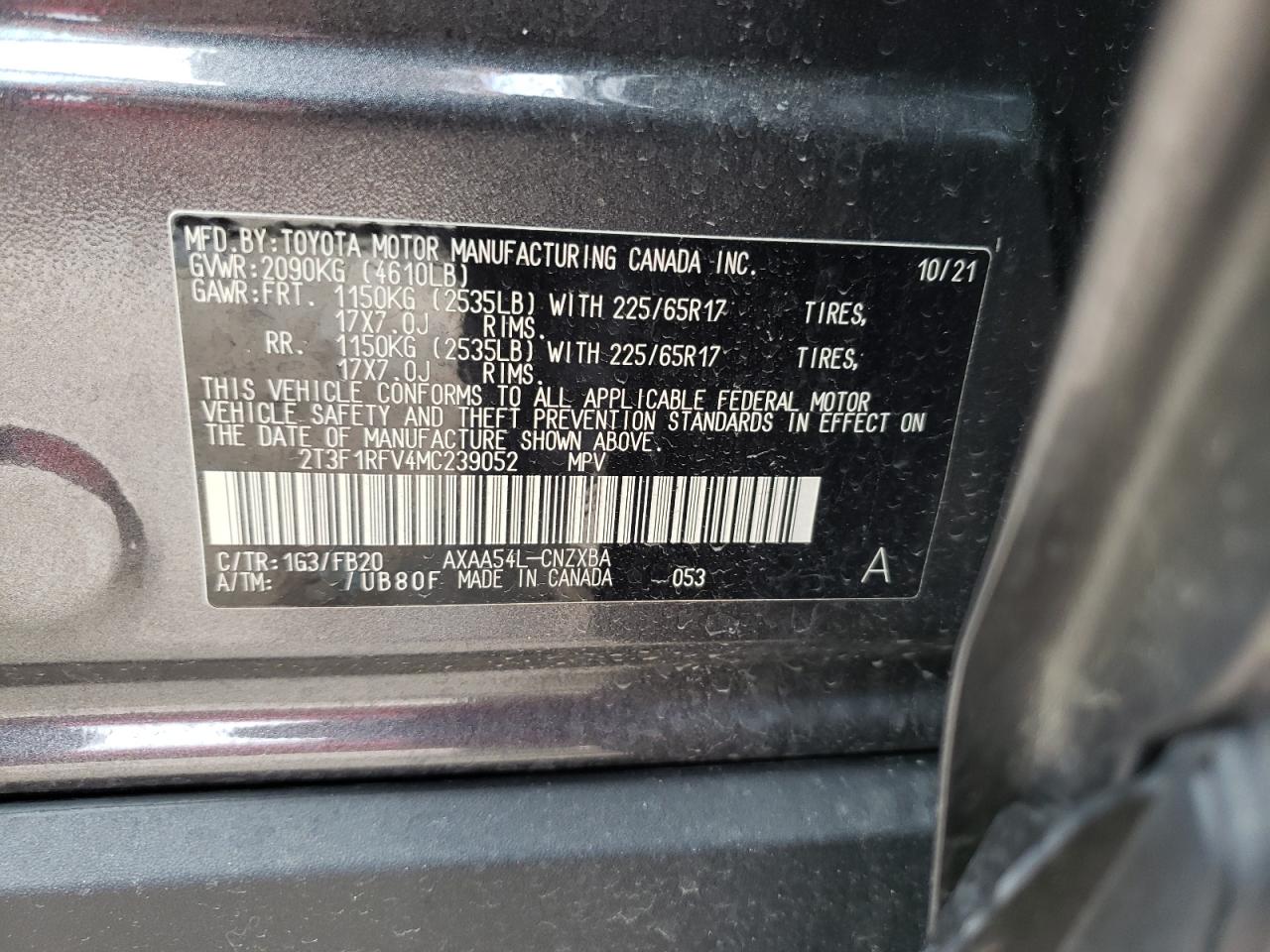 Photo 10 from auction – 2021 TOYOTA RAV4 LE with VIN 2T3F1RFV4MC239052