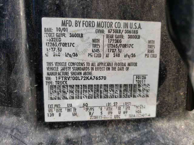 Photo 10 from auction – 2002 FORD F150 SUPER with VIN 1FTRW08L72KA76570