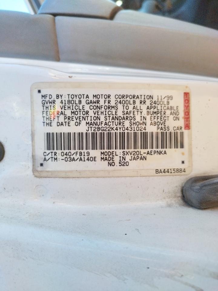 Photo 10 from auction – 2000 TOYOTA CAMRY CE with VIN JT2BG22K4Y0431024