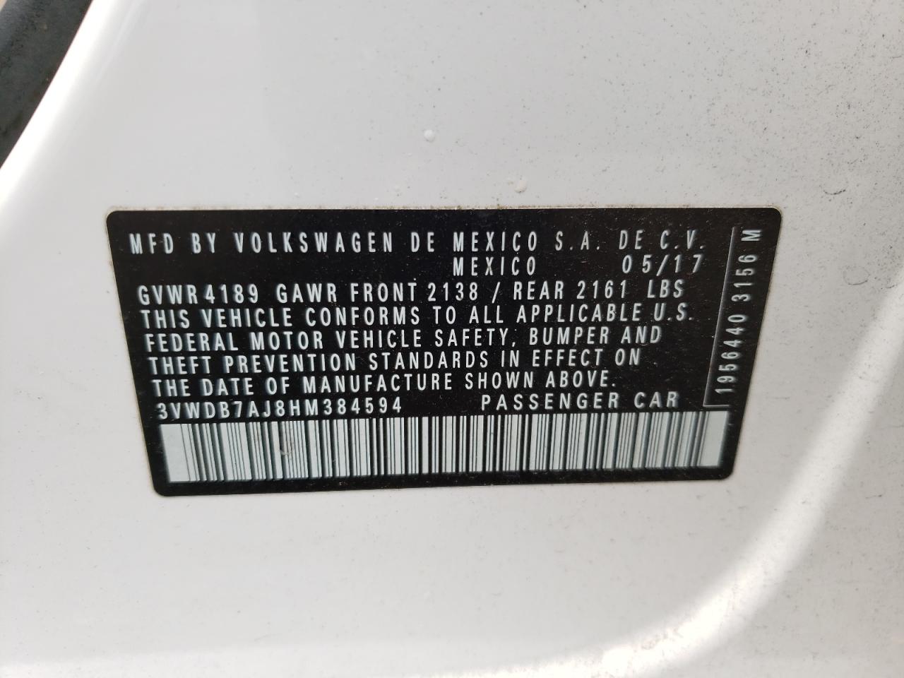 Photo 10 from auction – 2017 VOLKSWAGEN JETTA SE with VIN 3VWDB7AJ8HM384594