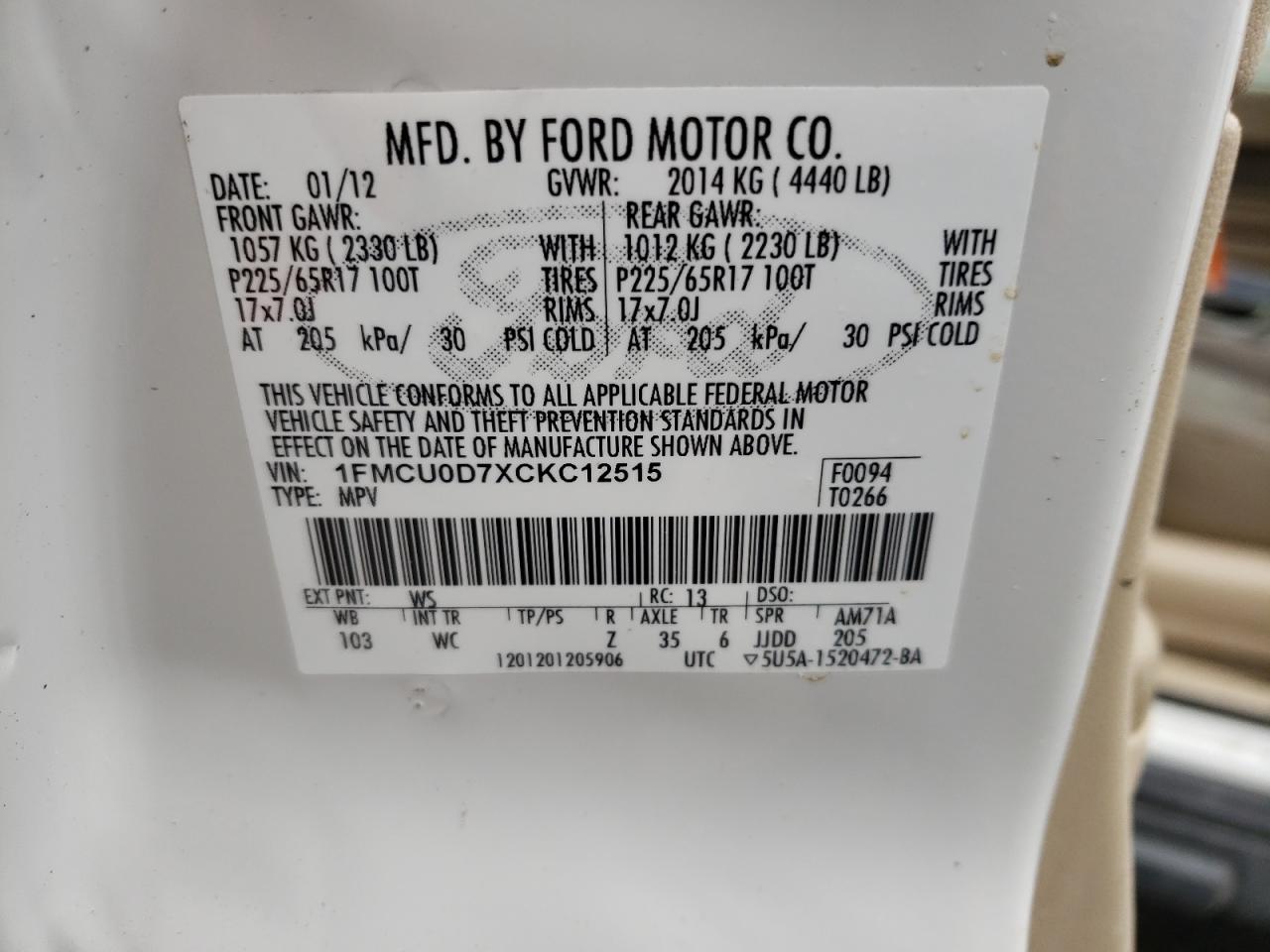 Photo 10 from auction – 2012 FORD ESCAPE XLT with VIN 1FMCU0D7XCKC12515