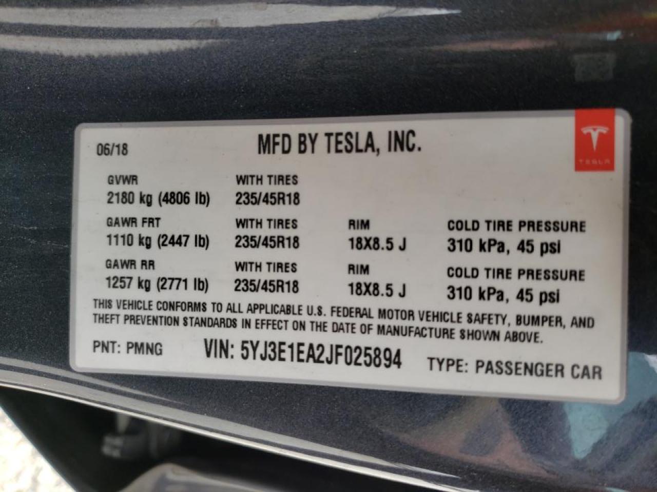 Photo 10 from auction – 2018 TESLA MODEL 3 with VIN 5YJ3E1EA2JF025894
