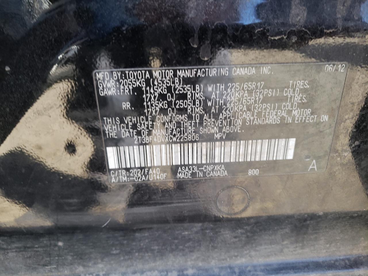 Photo 10 from auction – 2012 TOYOTA RAV4 with VIN 2T3BF4DVXCW225806