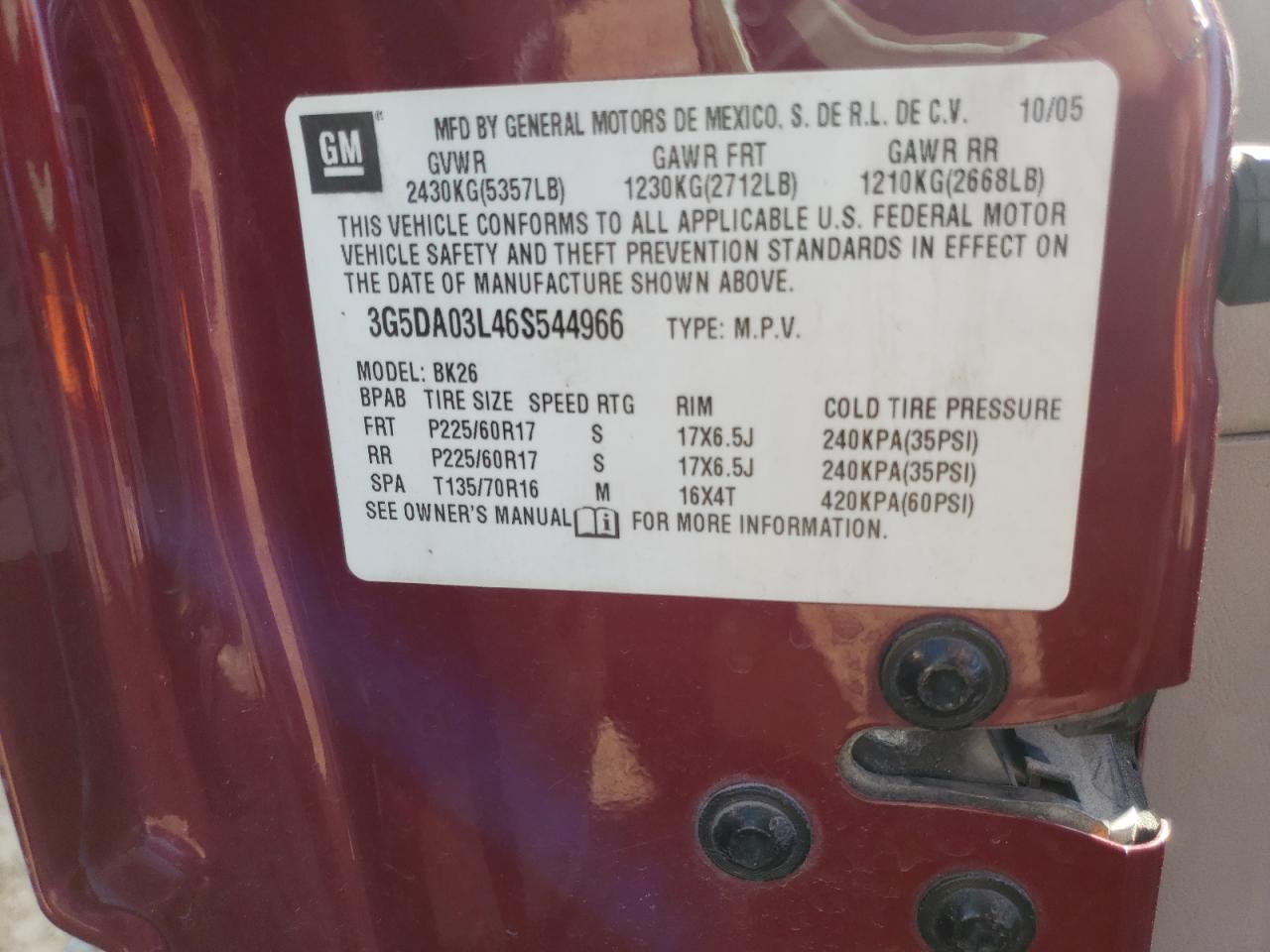 Photo 10 from auction – 2006 BUICK RENDEZVOUS with VIN 3G5DA03L46S544966