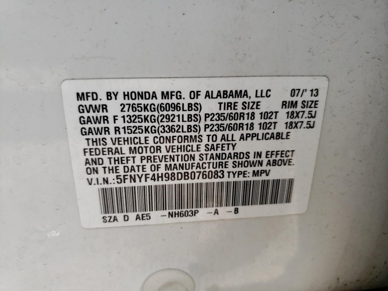 Photo 10 from auction – 2013 HONDA PILOT TOUR with VIN 5FNYF4H98DB076083