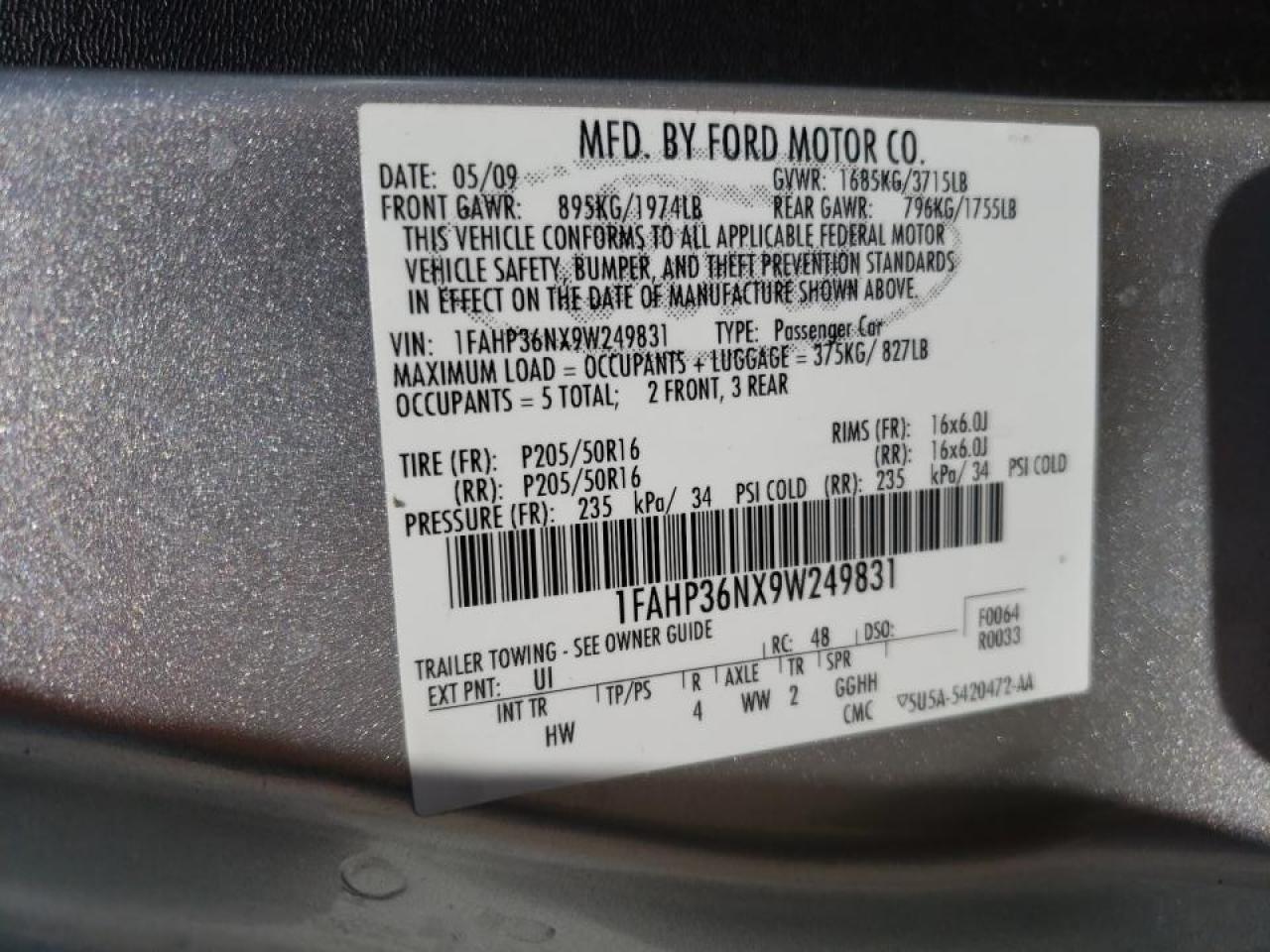 Photo 10 from auction – 2009 FORD FOCUS SES with VIN 1FAHP36NX9W249831