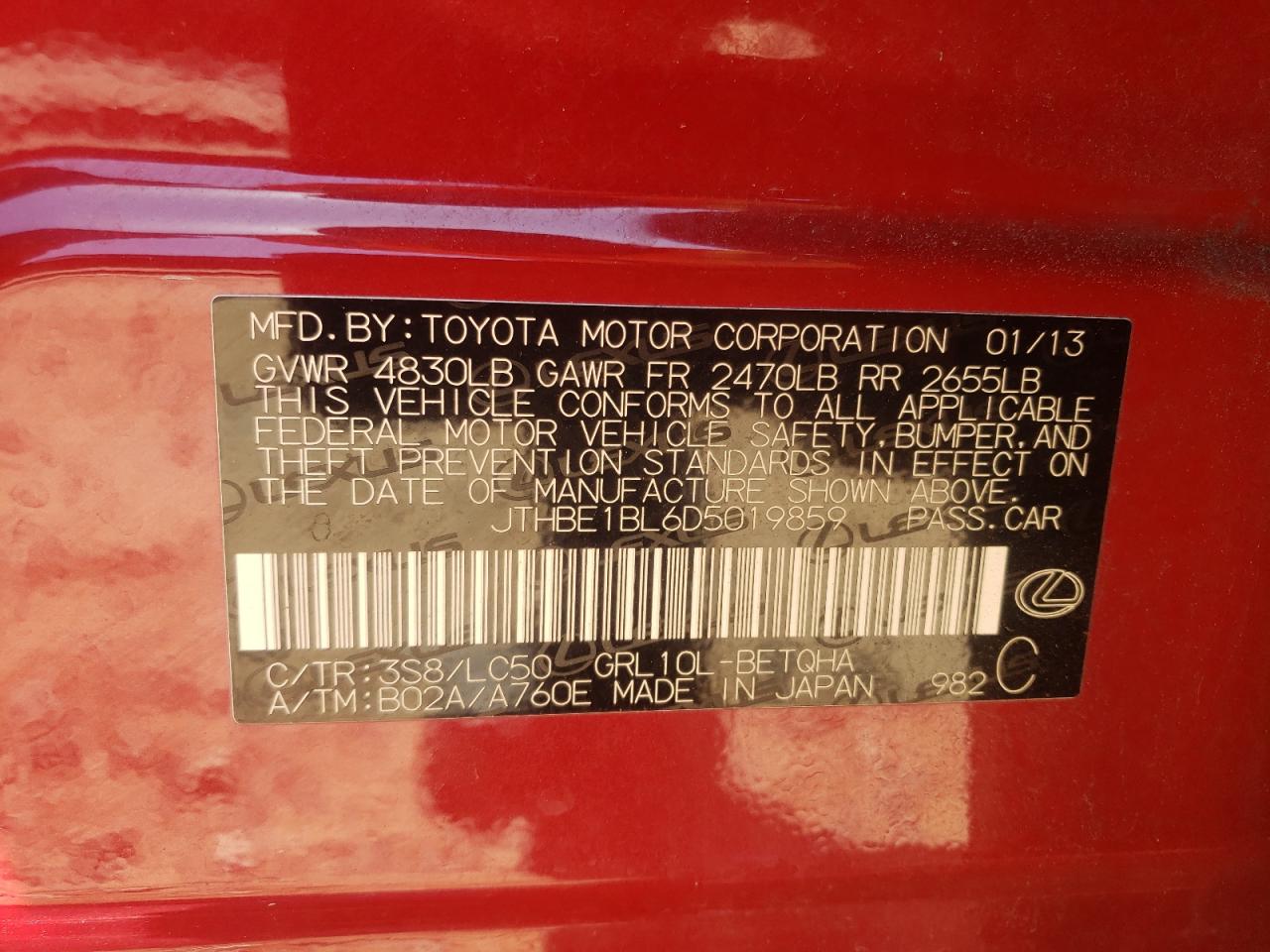 Photo 10 from auction – 2013 LEXUS GS 350 with VIN JTHBE1BL6D5019859