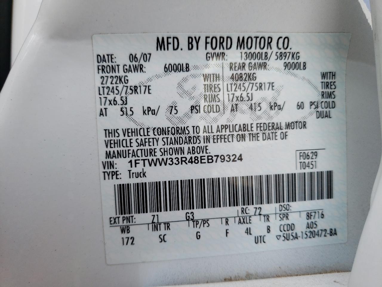 Photo 10 from auction – 2008 FORD F350 SUPER with VIN 1FTWW33R48EB79324