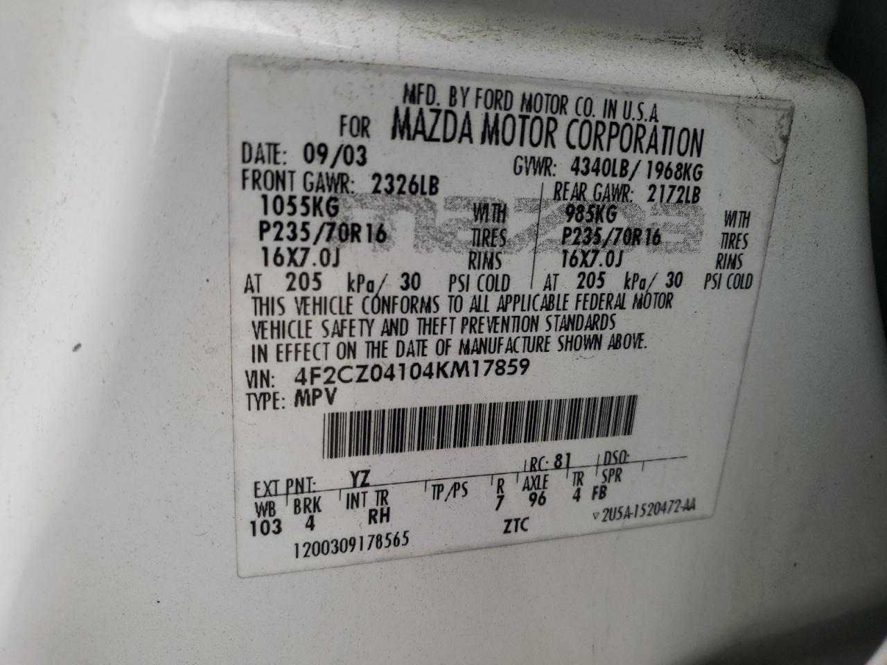 Photo 10 from auction – 2004 MAZDA TRIBUTE LX with VIN 4F2CZ04104KM17859