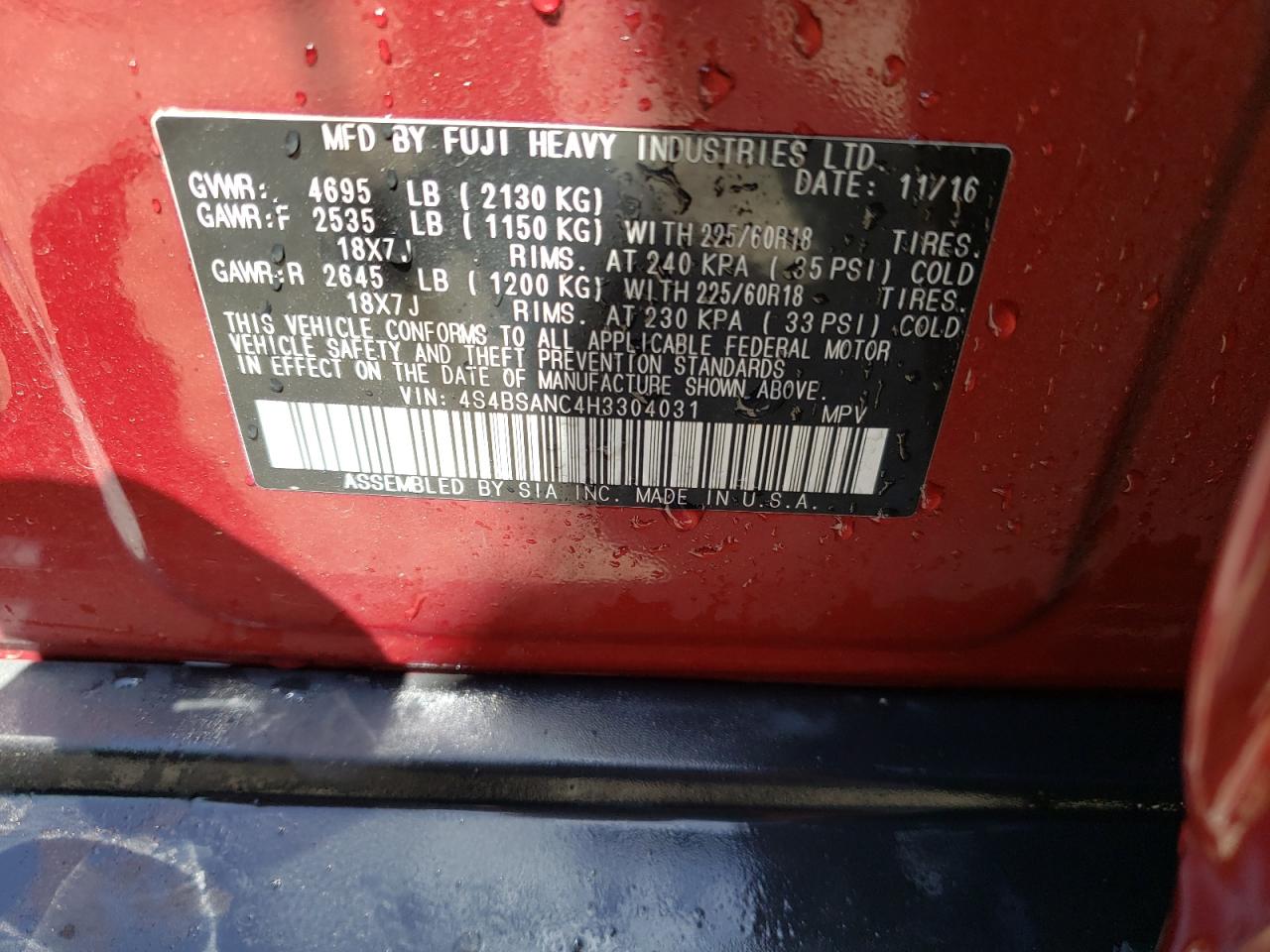 Photo 10 from auction – 2017 SUBARU OUTBACK 2. with VIN 4S4BSANC4H3304031
