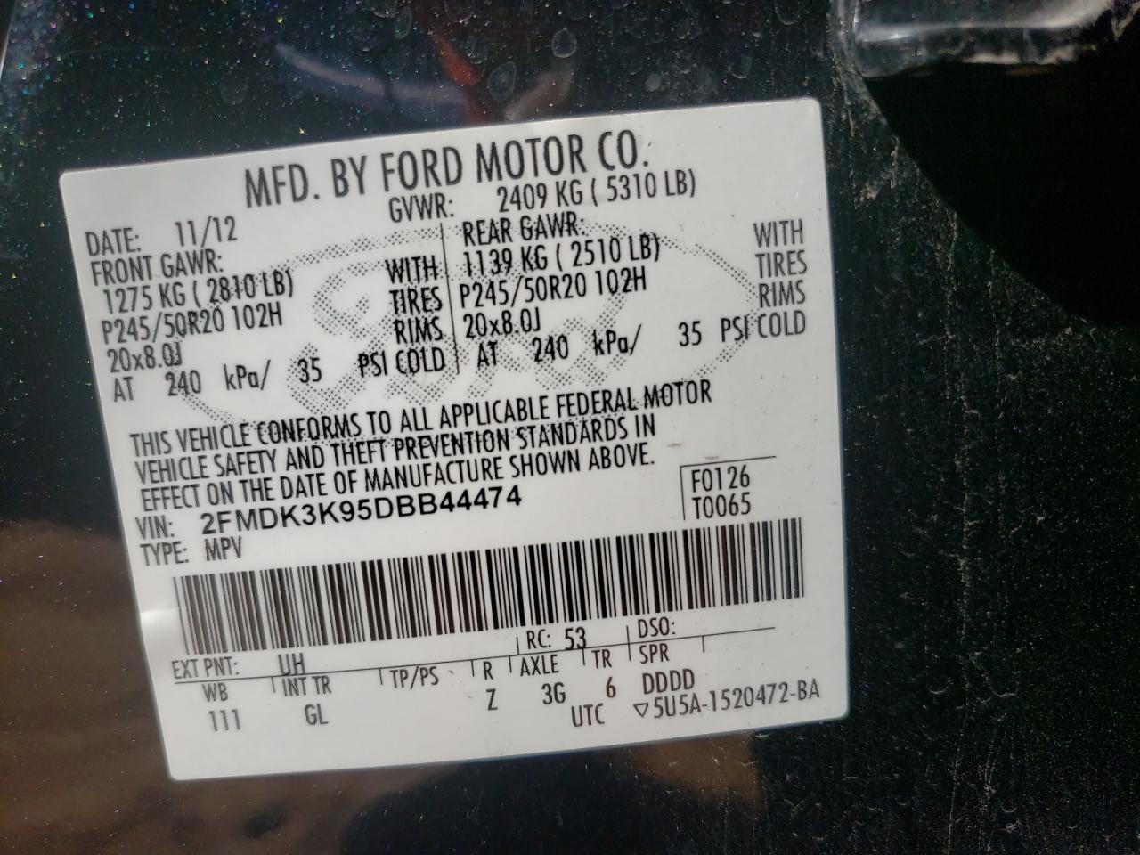 Photo 10 from auction – 2013 FORD EDGE LIMIT with VIN 2FMDK3K95DBB44474