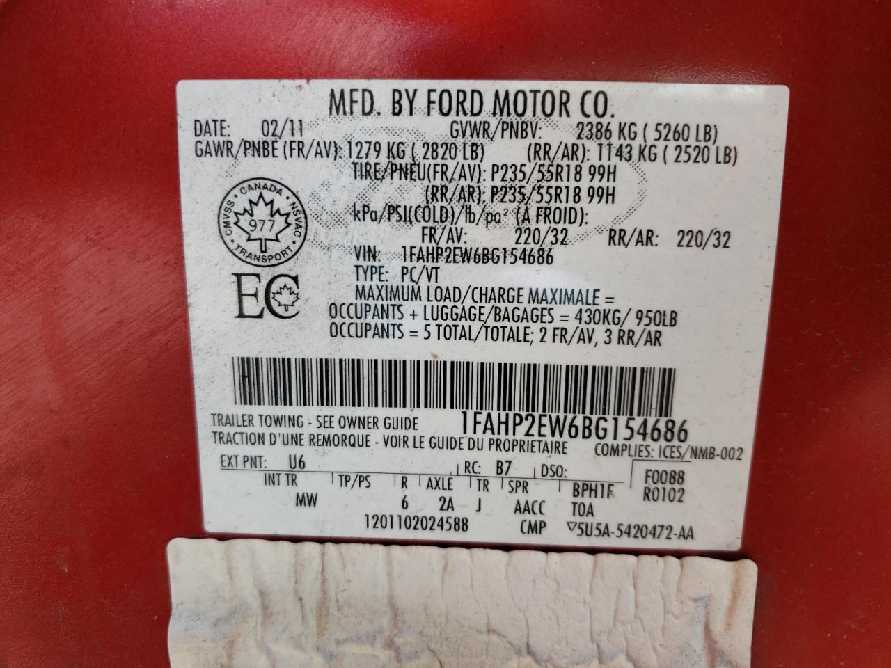Photo 10 from auction – 2011 FORD TAURUS SEL with VIN 1FAHP2EW6BG154686