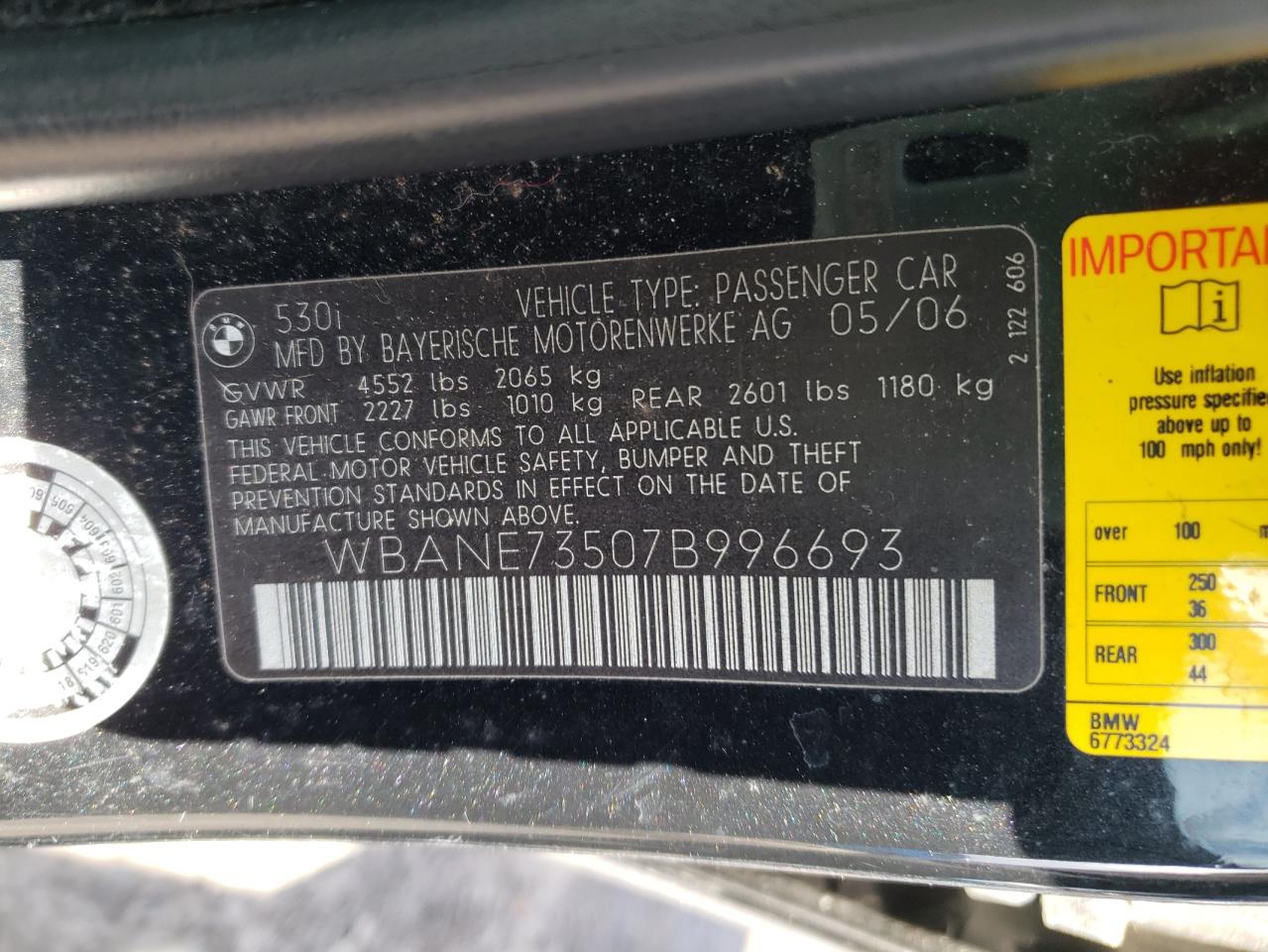Photo 10 from auction – 2007 BMW 530 I with VIN WBANE73507B996693