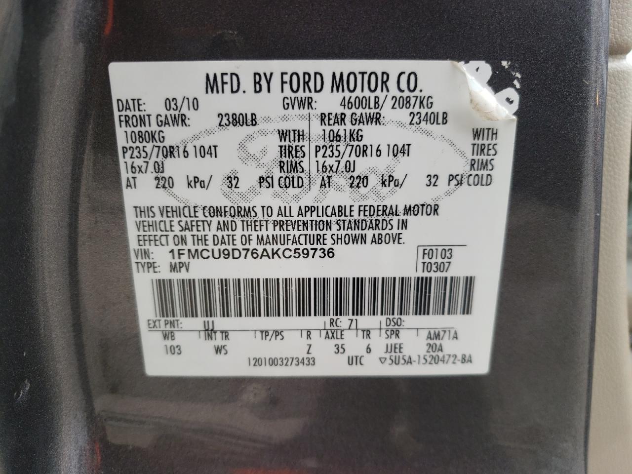 Photo 10 from auction – 2010 FORD ESCAPE XLT with VIN 1FMCU9D76AKC59736