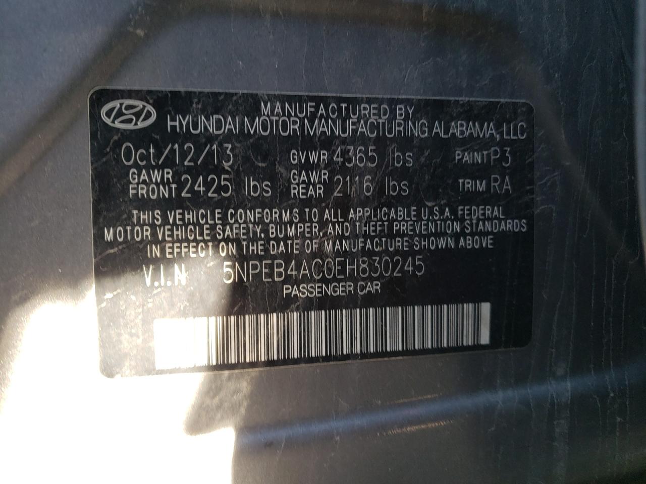 Photo 10 from auction – 2014 HYUNDAI SONATA GLS with VIN 5NPEB4AC0EH830245