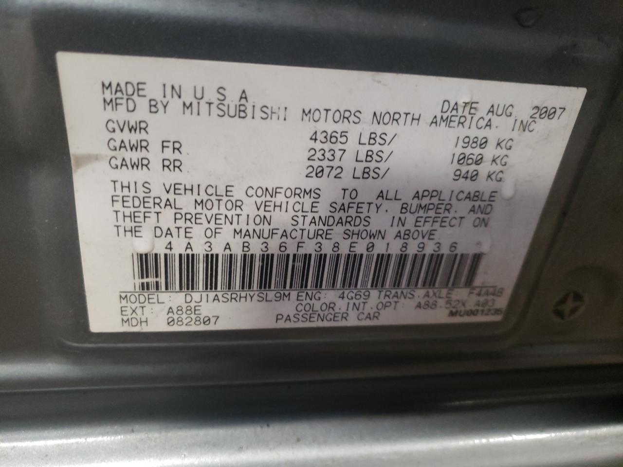 Photo 10 from auction – 2008 MITSUBISHI GALANT ES with VIN 4A3AB36F38E018936
